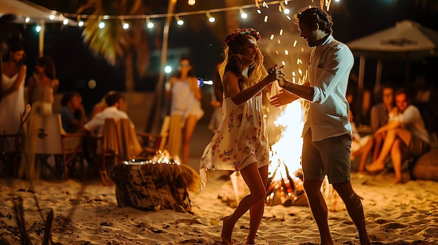 Un jeune couple danse à une fête sur la plage. Ils sont entourés d'amis et le feu de joie brûle en arrière-plan.