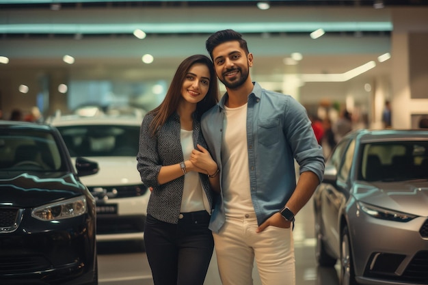 Jeune couple debout ensemble au showroom de voiture