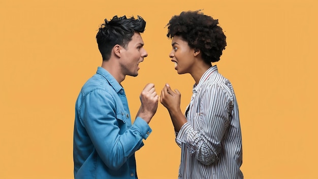 Photo un jeune couple debout face à face se dispute l'un avec l'autre sur un fond jaune