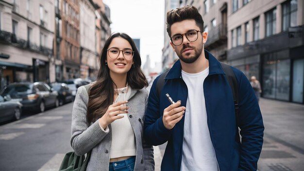 Un jeune couple élégant avec une vape en ville.