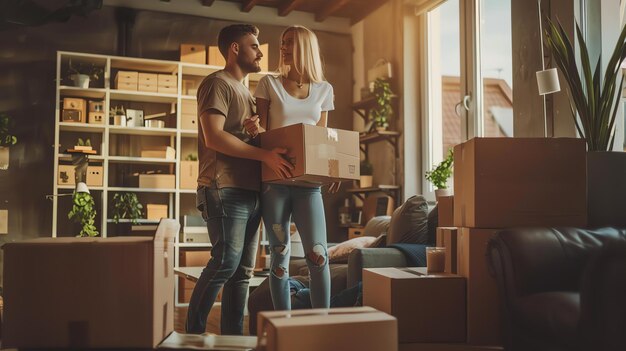 Un jeune couple emménage dans leur nouvelle maison ils portent une boîte et se sourient la pièce est pleine de boîtes et de meubles