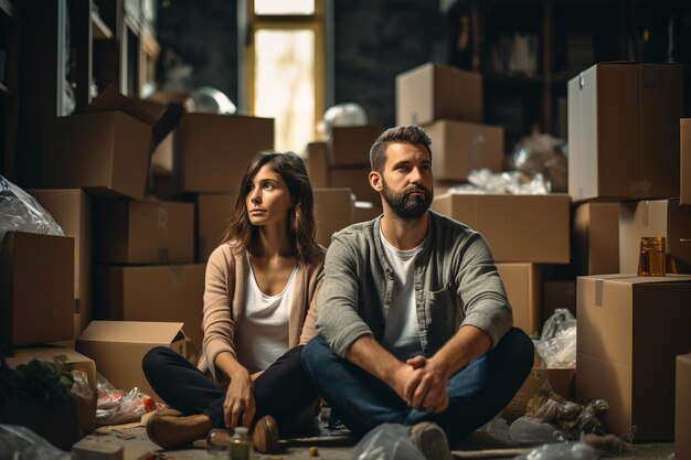 Photo un jeune couple épuisant est assis sur le sol entouré de boîtes en carton.