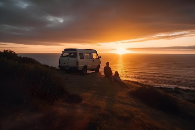 Un jeune couple est assis sur une colline au-dessus de la mer à côté de leur minivan de voyage au coucher du soleil.