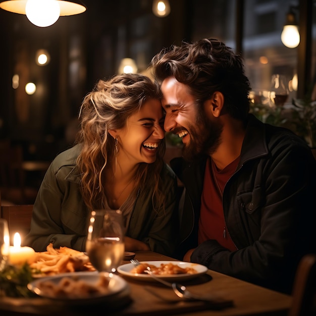 Un jeune couple est assis dans un restaurant italien en train de rire et de s'amuser