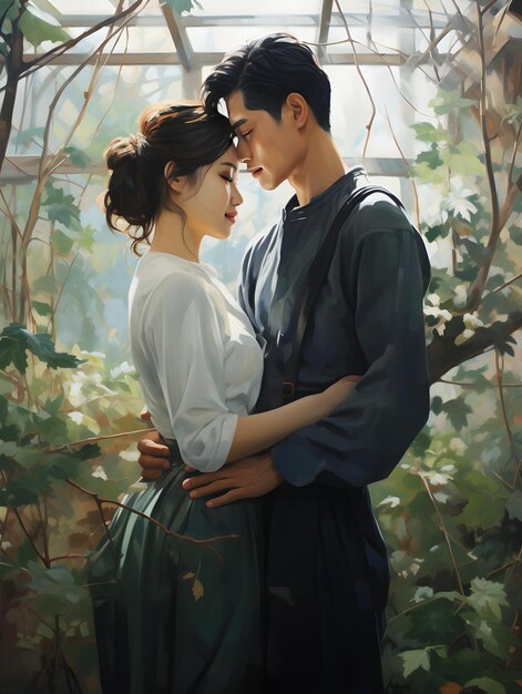 un jeune couple étreint dans le jardin d'automne