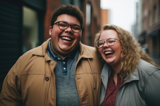 jeune couple expression heureuse à l'extérieur dans une ville générée par ai