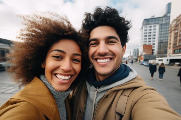 jeune couple expression heureuse et surprise fond de ville