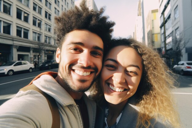 jeune couple expression heureuse et surprise fond de ville