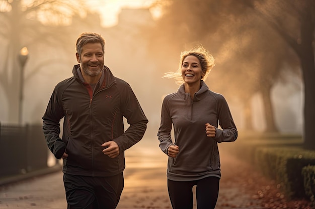 Jeune couple faisant du jogging dans le parc au lever du soleil Mode de vie sain Un couple d'adultes actifs lors d'une course matinale générée par l'IA