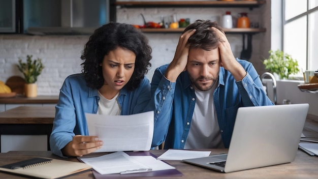 Photo un jeune couple faisant des papiers dans la cuisine une femme frustrée lisant un document avec son mari