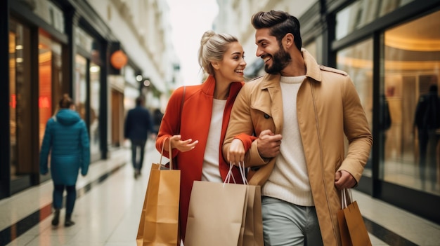 Un jeune couple fait du shopping au centre commercial. Créé avec la technologie Generative AI.