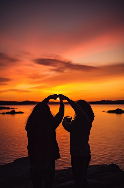 Photo un jeune couple fait une forme de cœur avec leurs mains contre le coucher de soleil dans le style de sigma 85mm f14 dg