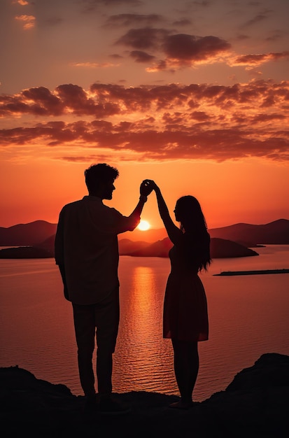 Un jeune couple fait une forme de cœur avec leurs mains contre le coucher de soleil dans le style de Sigma 85mm f14 dg
