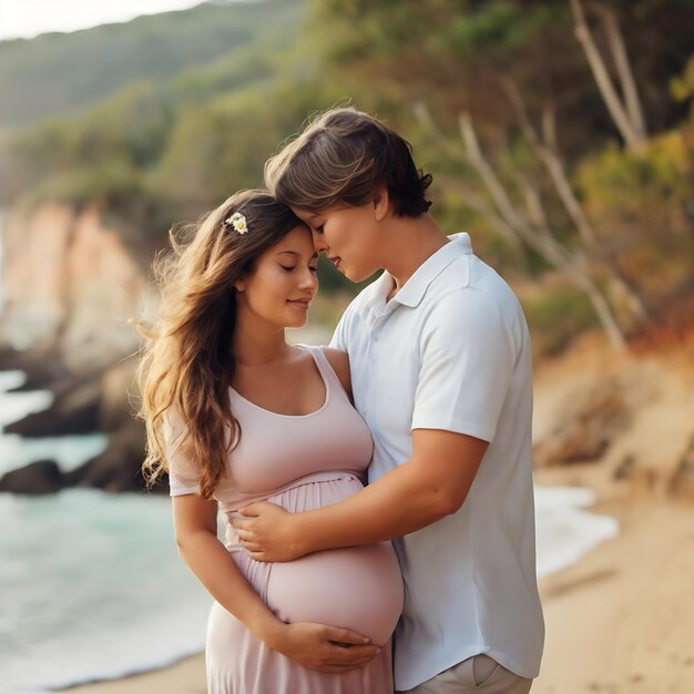 Un jeune couple, une femme enceinte, embrassant la plage.