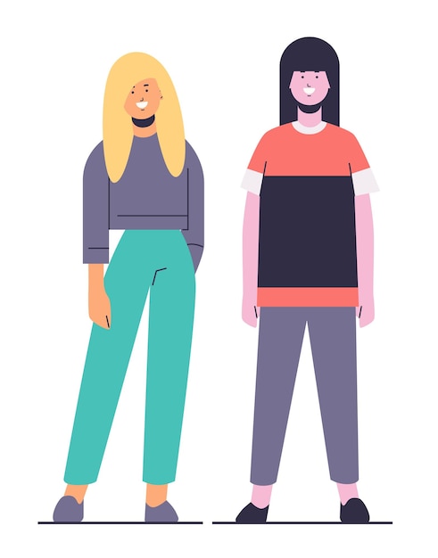un jeune couple de femmes posant en vêtements décontractés des personnages de dessins animés féminins debout ensemble en pleine longueur
