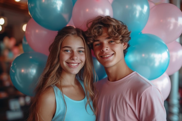 Un jeune couple sur un fond de ballons roses et bleus Fête de genre