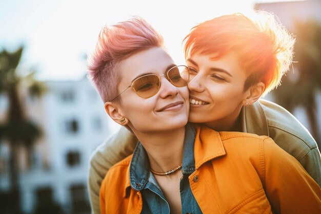 Photo jeune couple gay souriant portrait en plein air focus doux de style cinématographique généré par ai