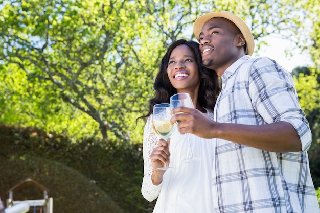 Jeune couple, grillage, verres vin