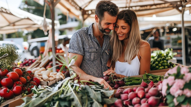 Un jeune couple heureux achète des légumes biologiques frais au marché local.