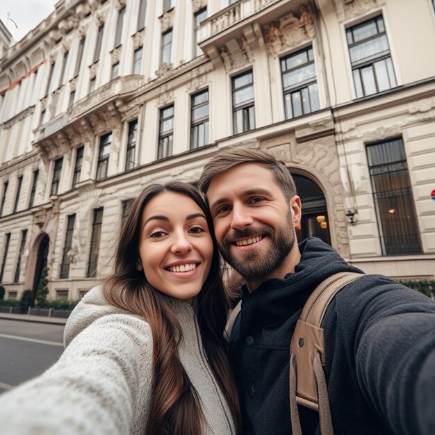 Un jeune couple heureux et amoureux faisant un selfie et souriant AI générative