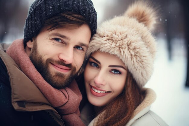 Un jeune couple heureux et amoureux en hiver