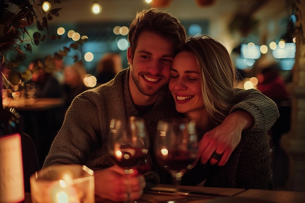 Photo un jeune couple heureux et amoureux s'embrassant et buvant du vin lors de la nuit d'anniversaire.