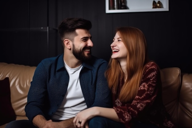 Un jeune couple heureux assis sur le canapé et riant créé avec une IA générative