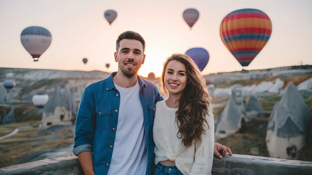 Photo un jeune couple heureux au lever du soleil en regardant des ballons à air chaud en cappadoce, en turquie