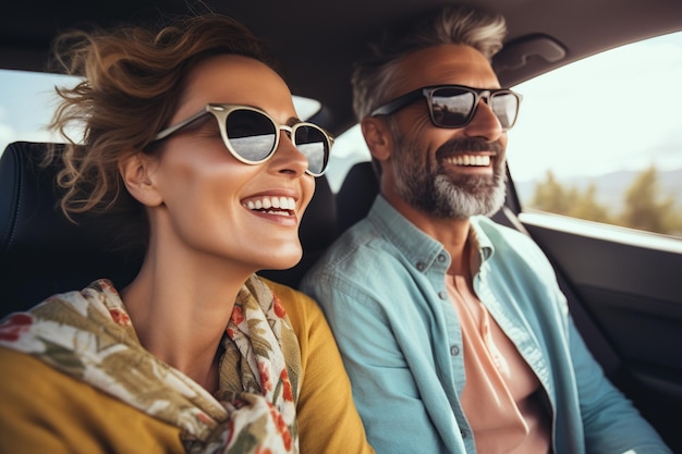 Un jeune couple heureux au volant d'une voiture.