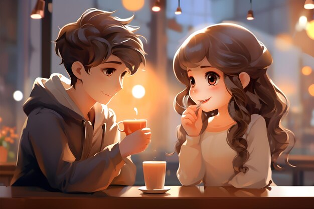 Un jeune couple heureux boit du café et sourit alors qu'ils sont assis au café.