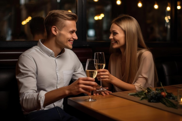 Un jeune couple heureux dégustant du champagne dans son restaurant préféré créé avec une IA générative