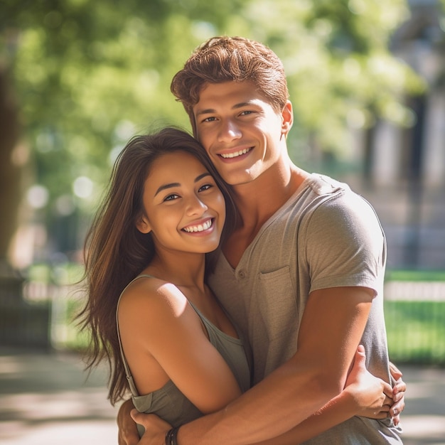 Un jeune couple heureux à l'extérieur par une journée ensoleillée AI générative