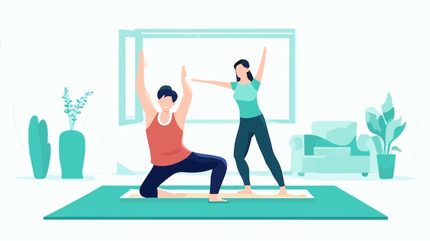 jeune couple heureux faisant du yoga en quarantaine à la maison étirement exercice vecteur de santé