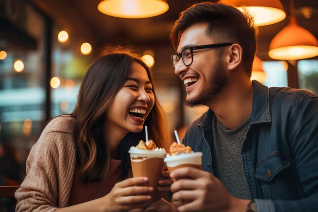 Un jeune couple heureux mangeant dans un restaurant de restauration rapide.