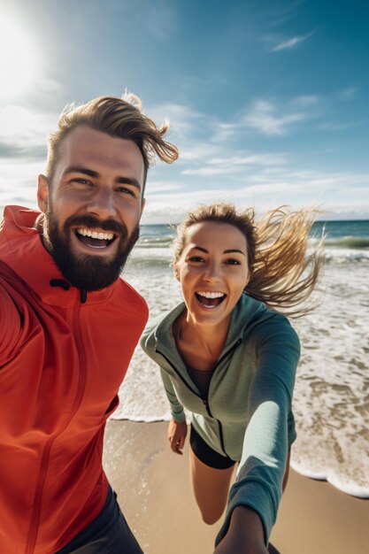 Un jeune couple heureux prend un selfie sur la plage.