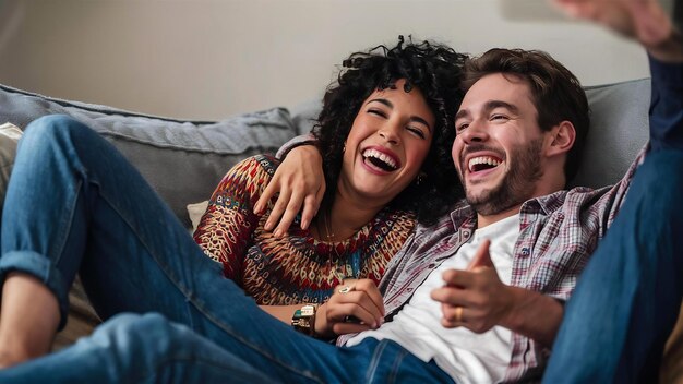 Un jeune couple heureux riant en regardant une vidéo drôle ou en faisant un appel vidéo