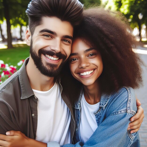 Photo un jeune couple heureux s'embrassant et se regardant