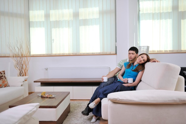 un jeune couple heureux se détend à la maison dans un salon moderne et lumineux