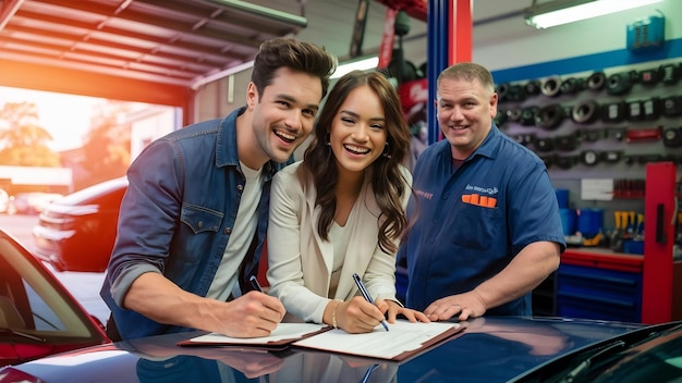 Photo un jeune couple heureux signant des documents avec un mécanicien de voiture dans un atelier de réparation