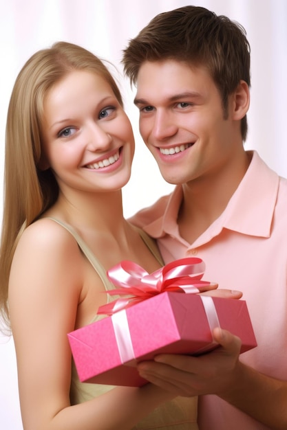 Un jeune couple heureux en tenant un cadeau créé avec l'IA générative