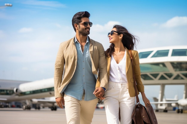 Un jeune couple indien ensemble à l'aéroport.