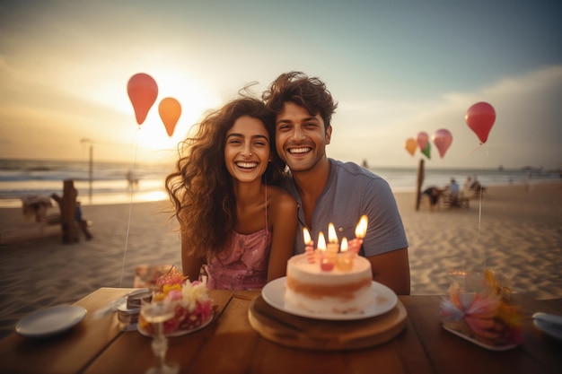 Photo un jeune couple indien fête son anniversaire sur la plage.