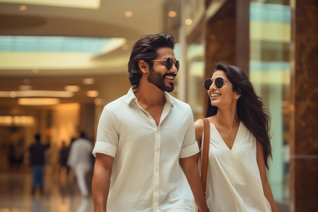 Jeune couple indien marchant ensemble au centre commercial