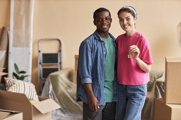 Photo un jeune couple interculturel heureux en vêtements décontractés dans un nouvel appartement