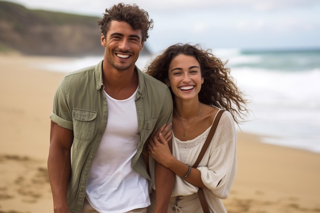 Un jeune couple interracial heureux se promène sur la plage en souriant en se tenant dans ses bras.