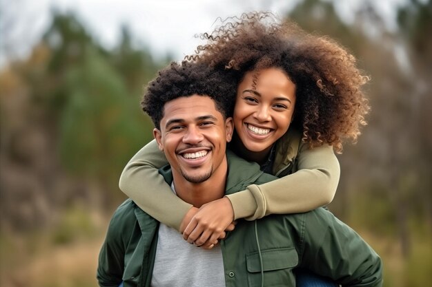 Un jeune couple joyeux dans des vêtements décontractés souriant largement contre un fond défocalisé