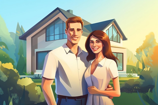 Un jeune couple joyeux debout devant leur nouvelle maison Generative Ai