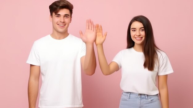 Jeune couple joyeux deux amis homme femme donnant un haut cinq mains pliées isolées