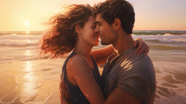 Un jeune couple joyeux, un homme et une femme, partageant un câlin affectueux sur une plage.