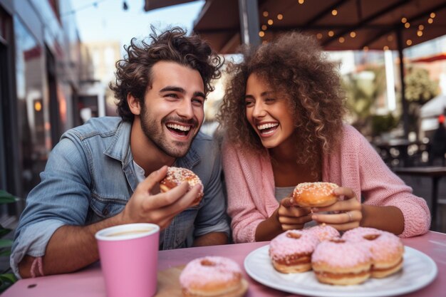 Photo un jeune couple joyeux mangeant des beignets et s'amusant dans un café.